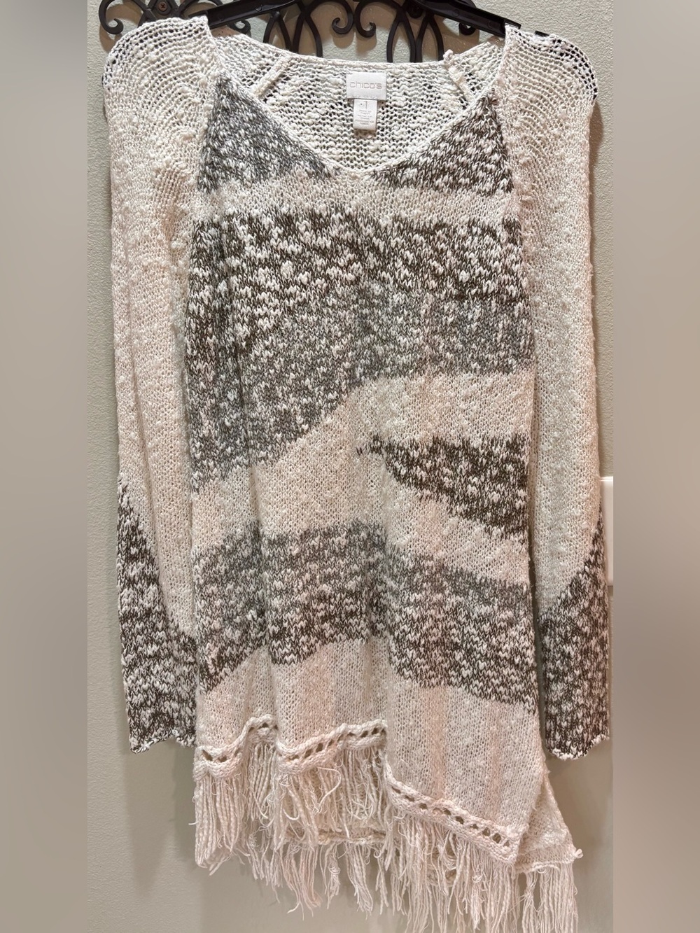 Chico's Cream and Gray Knit Fringe Sweater